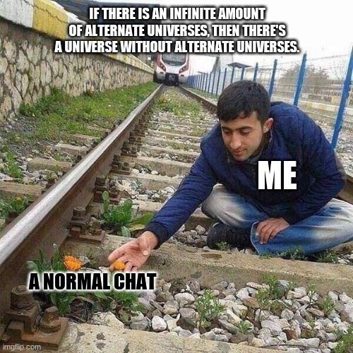 Hm | IF THERE IS AN INFINITE AMOUNT OF ALTERNATE UNIVERSES, THEN THERE'S A UNIVERSE WITHOUT ALTERNATE UNIVERSES. ME; A NORMAL CHAT | image tagged in flower train man | made w/ Imgflip meme maker