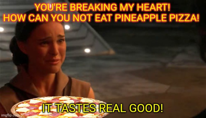 Padme You're breaking my heart | YOU'RE BREAKING MY HEART! HOW CAN YOU NOT EAT PINEAPPLE PIZZA! IT TASTES REAL GOOD! | image tagged in padme you're breaking my heart | made w/ Imgflip meme maker