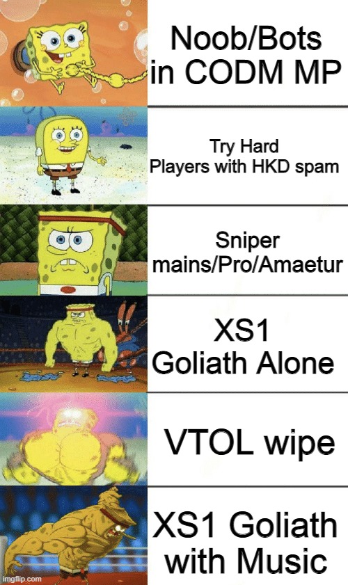 Who thinks the XS1 music is strong in CODM? | Noob/Bots in CODM MP; Try Hard Players with HKD spam; Sniper mains/Pro/Amaetur; XS1 Goliath Alone; VTOL wipe; XS1 Goliath with Music | image tagged in spongebob strong,codm,xs1 goliath | made w/ Imgflip meme maker