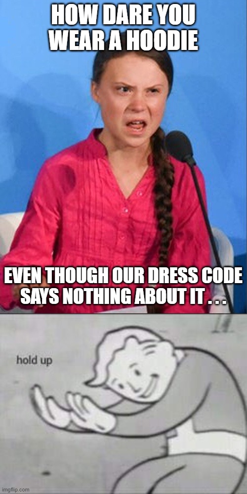 HOW DARE YOU WEAR A HOODIE EVEN THOUGH OUR DRESS CODE SAYS NOTHING ABOUT IT . . . | image tagged in greta thunberg how dare you,fallout hold up | made w/ Imgflip meme maker