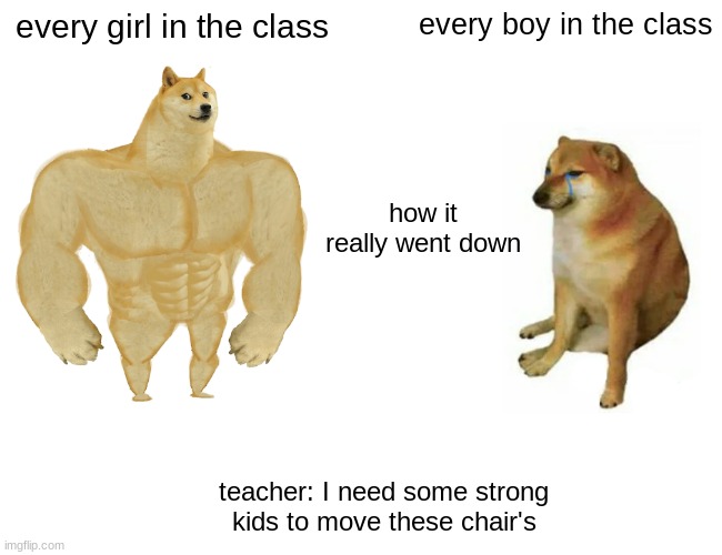 how it really went down | every girl in the class; every boy in the class; how it really went down; teacher: I need some strong kids to move these chair's | image tagged in memes,buff doge vs cheems | made w/ Imgflip meme maker
