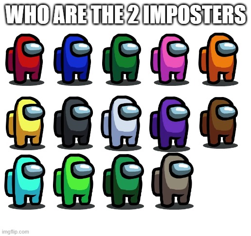 Who Imposter | WHO ARE THE 2 IMPOSTERS | image tagged in blank white template,among us,imposter,impostor | made w/ Imgflip meme maker