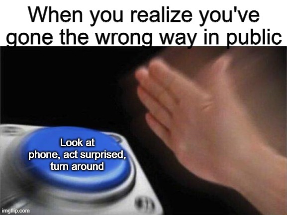 Anyone had this feeling before? | When you realize you've gone the wrong way in public; Look at phone, act surprised, turn around | image tagged in blank nut button,nut button,feelings,phone,lost | made w/ Imgflip meme maker