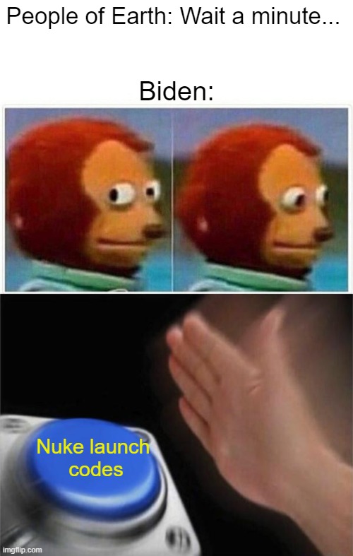Reality dawns | People of Earth: Wait a minute... Biden:; Nuke launch 
codes | image tagged in memes,monkey puppet | made w/ Imgflip meme maker