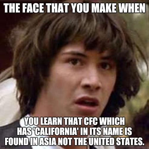 Conspiracy Keanu | THE FACE THAT YOU MAKE WHEN; YOU LEARN THAT CFC WHICH HAS 'CALIFORNIA' IN ITS NAME IS FOUND IN ASIA NOT THE UNITED STATES. | image tagged in memes,conspiracy keanu,indonesia | made w/ Imgflip meme maker