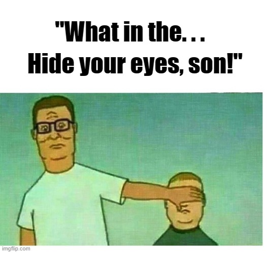 HANK HILL BOBBY HILL "DON'T LOOK SON" | "What in the. . . Hide your eyes, son!" | image tagged in hank hill bobby hill don't look son | made w/ Imgflip meme maker
