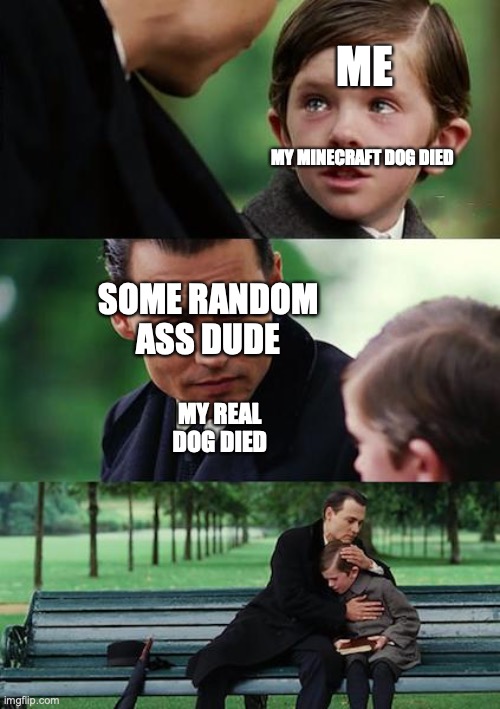 Finding Neverland | ME; MY MINECRAFT DOG DIED; SOME RANDOM ASS DUDE; MY REAL DOG DIED | image tagged in memes,finding neverland | made w/ Imgflip meme maker