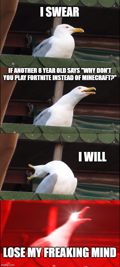 Inhaling Seagull Meme | I SWEAR; IF ANOTHER 8 YEAR OLD SAYS "WHY DON'T YOU PLAY FORTNITE INSTEAD OF MINECRAFT?"; I WILL; LOSE MY FREAKING MIND | image tagged in memes,inhaling seagull | made w/ Imgflip meme maker