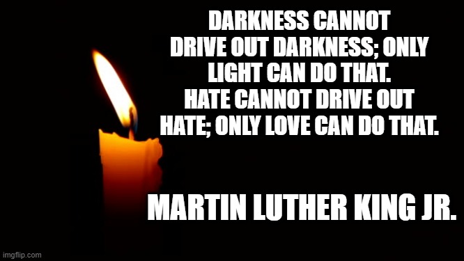 Only Love | DARKNESS CANNOT DRIVE OUT DARKNESS; ONLY LIGHT CAN DO THAT. HATE CANNOT DRIVE OUT HATE; ONLY LOVE CAN DO THAT. MARTIN LUTHER KING JR. | image tagged in love wins,mlk jr,unity | made w/ Imgflip meme maker