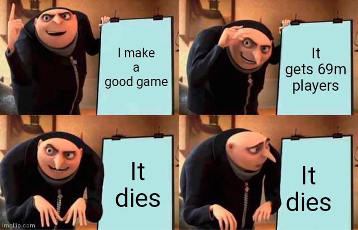 Gru's Plan | I make a good game; It gets 69m players; It dies; It dies | image tagged in memes,gru's plan | made w/ Imgflip meme maker