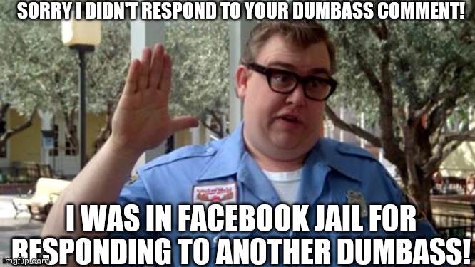 Just got out! | SORRY I DIDN'T RESPOND TO YOUR DUMBASS COMMENT! I WAS IN FACEBOOK JAIL FOR RESPONDING TO ANOTHER DUMBASS! | image tagged in sorry folks,facebook,facebook jail,jail,banned,idiot | made w/ Imgflip meme maker
