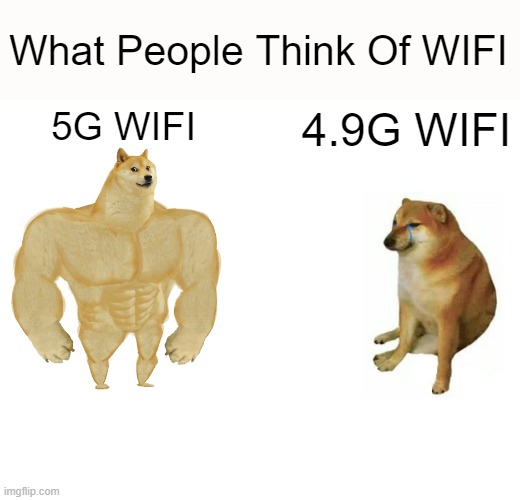 What People Think Of WIFI | What People Think Of WIFI; 5G WIFI; 4.9G WIFI | image tagged in memes,buff doge vs cheems | made w/ Imgflip meme maker