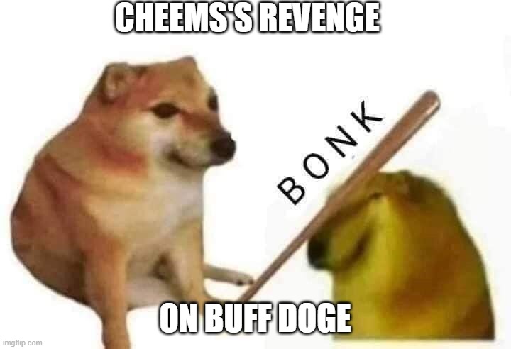 buff doge vs. cheems | CHEEMS'S REVENGE; ON BUFF DOGE | image tagged in cheems bonk | made w/ Imgflip meme maker