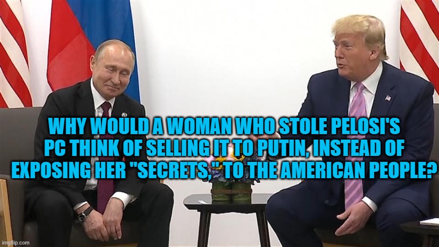 Why Indeed? | WHY WOULD A WOMAN WHO STOLE PELOSI'S PC THINK OF SELLING IT TO PUTIN, INSTEAD OF EXPOSING HER "SECRETS," TO THE AMERICAN PEOPLE? | image tagged in politics | made w/ Imgflip meme maker