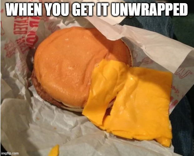 Cheeseburger Fail | WHEN YOU GET IT UNWRAPPED | image tagged in cheeseburger,mcdonald's,mcdonalds | made w/ Imgflip meme maker