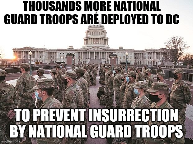 A Catch-22 Paradox !!! | THOUSANDS MORE NATIONAL GUARD TROOPS ARE DEPLOYED TO DC; TO PREVENT INSURRECTION BY NATIONAL GUARD TROOPS | image tagged in national guard | made w/ Imgflip meme maker
