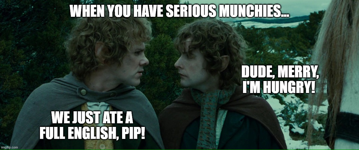 Munchies! | WHEN YOU HAVE SERIOUS MUNCHIES... DUDE, MERRY, I'M HUNGRY! WE JUST ATE A FULL ENGLISH, PIP! | image tagged in lord of the rings lotr elevenses not know | made w/ Imgflip meme maker