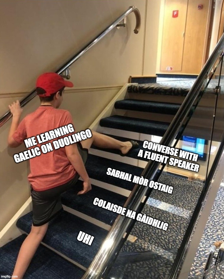 Gaelic Stairs | ME LEARNING GAELIC ON DUOLINGO; CONVERSE WITH 
A FLUENT SPEAKER; SABHAL MÒR OSTAIG; COLAISDE NA GÀIDHLIG; UHI | image tagged in skipping stairs,gaelic | made w/ Imgflip meme maker