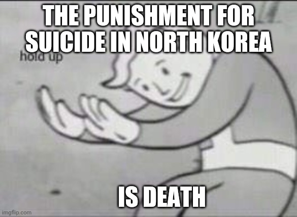 Fallout Hold Up | THE PUNISHMENT FOR SUICIDE IN NORTH KOREA; IS DEATH | image tagged in fallout hold up | made w/ Imgflip meme maker