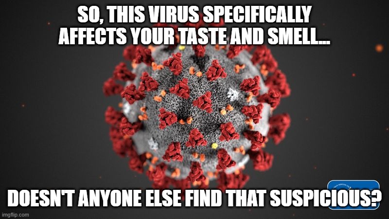 Why so Specific? | SO, THIS VIRUS SPECIFICALLY AFFECTS YOUR TASTE AND SMELL... DOESN'T ANYONE ELSE FIND THAT SUSPICIOUS? | image tagged in covid 19 | made w/ Imgflip meme maker