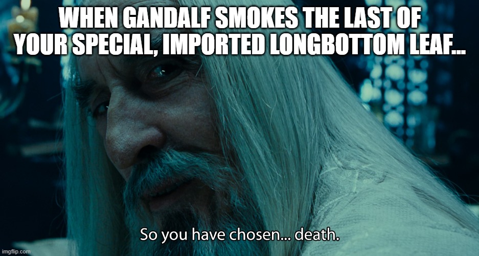 smoke | WHEN GANDALF SMOKES THE LAST OF YOUR SPECIAL, IMPORTED LONGBOTTOM LEAF... | image tagged in choose death | made w/ Imgflip meme maker