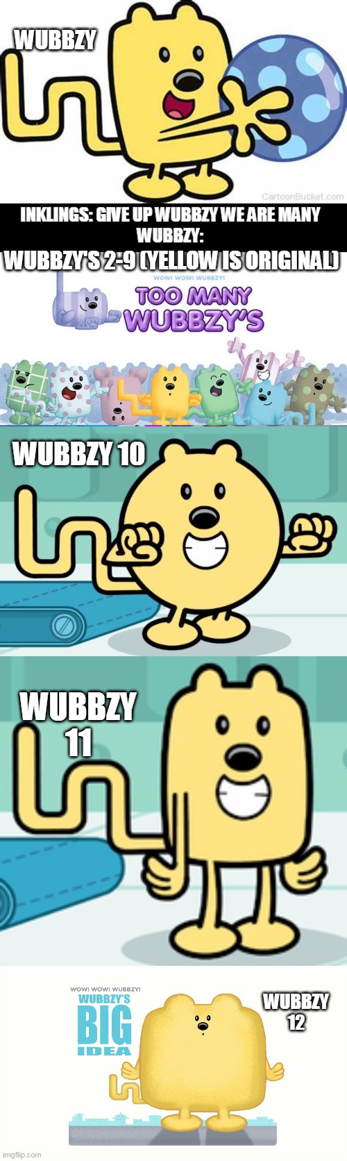 All 12 Wubbzy's for Hunger Game face off | WUBBZY; WUBBZY'S 2-9 (YELLOW IS ORIGINAL); WUBBZY 10; WUBBZY 11; WUBBZY 12 | image tagged in wubbzy,hunger games | made w/ Imgflip meme maker