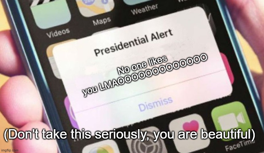 Presidential Alert Meme | No one likes you LMAOOOOOOOOOOOOO; (Don't take this seriously, you are beautiful) | image tagged in memes,presidential alert | made w/ Imgflip meme maker