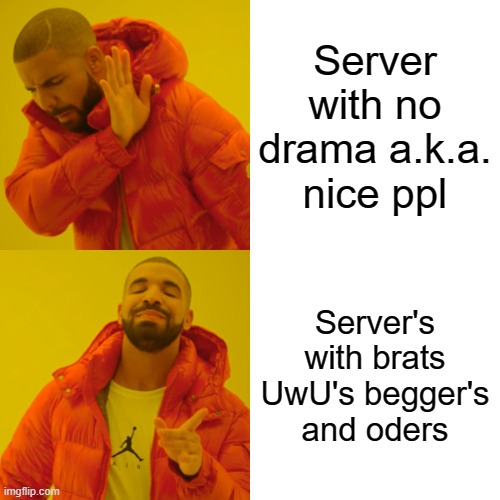 Drake Hotline Bling Meme | Server with no drama a.k.a. nice ppl; Server's with brats UwU's begger's and oders | image tagged in memes,drake hotline bling | made w/ Imgflip meme maker