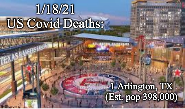 Big numbers are hard to think about, but we have lost one Arlington, TX to this disease | 1/18/21
US Covid Deaths:; 1 Arlington, TX
(Est. pop 398,000) | image tagged in covid-19,death | made w/ Imgflip meme maker