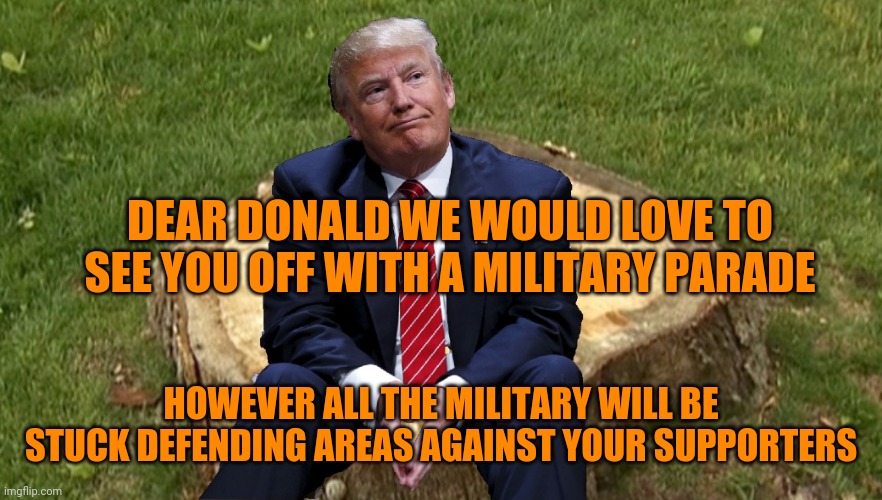 Trump on a stump | DEAR DONALD WE WOULD LOVE TO SEE YOU OFF WITH A MILITARY PARADE; HOWEVER ALL THE MILITARY WILL BE STUCK DEFENDING AREAS AGAINST YOUR SUPPORTERS | image tagged in trump on a stump | made w/ Imgflip meme maker