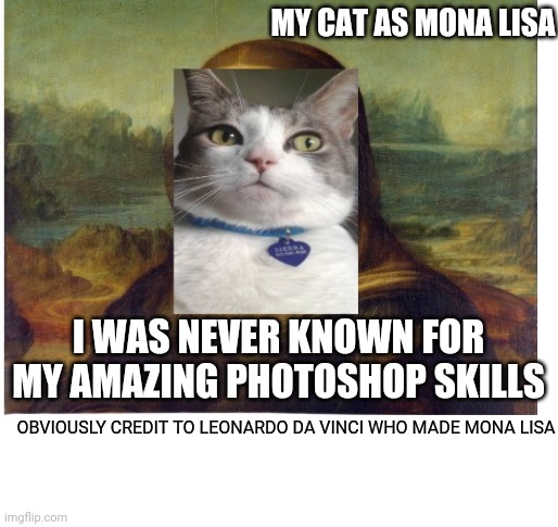 Mona Lisa but my cat | MY CAT AS MONA LISA; I WAS NEVER KNOWN FOR MY AMAZING PHOTOSHOP SKILLS; OBVIOUSLY CREDIT TO LEONARDO DA VINCI WHO MADE MONA LISA | image tagged in blank white template,mona lisa,sierra my cat | made w/ Imgflip meme maker