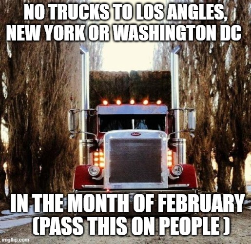 old truckers | NO TRUCKS TO LOS ANGLES, NEW YORK OR WASHINGTON DC; IN THE MONTH OF FEBRUARY    (PASS THIS ON PEOPLE ) | image tagged in old truckers | made w/ Imgflip meme maker