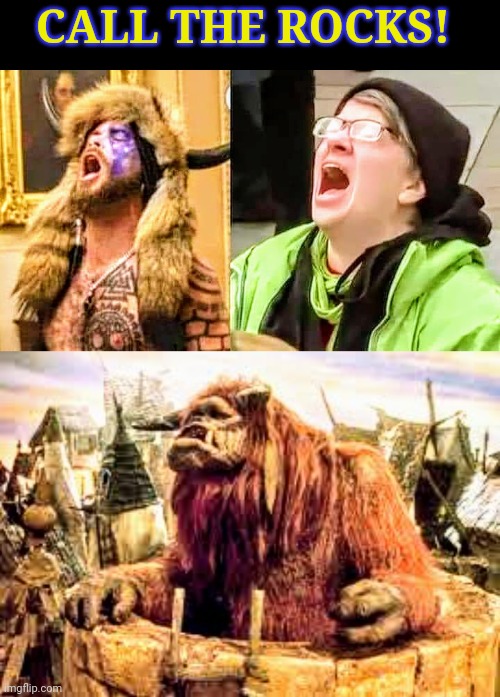 Ludo Slings Rock | CALL THE ROCKS! | image tagged in labyrinth,crack,wolf,rock,cry,twin towers | made w/ Imgflip meme maker