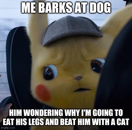 Unsettled detective pikachu | ME BARKS AT DOG; HIM WONDERING WHY I'M GOING TO EAT HIS LEGS AND BEAT HIM WITH A CAT | image tagged in unsettled detective pikachu | made w/ Imgflip meme maker
