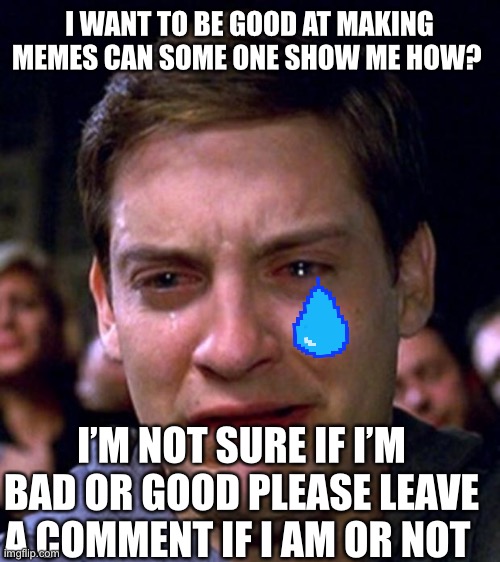 crying peter parker | I WANT TO BE GOOD AT MAKING MEMES CAN SOME ONE SHOW ME HOW? I’M NOT SURE IF I’M BAD OR GOOD PLEASE LEAVE A COMMENT IF I AM OR NOT | image tagged in crying peter parker | made w/ Imgflip meme maker