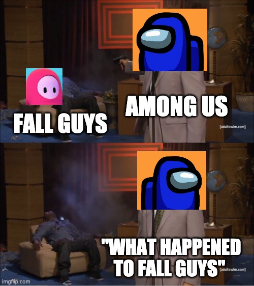 among us killed fall guys | AMONG US; FALL GUYS; "WHAT HAPPENED TO FALL GUYS" | image tagged in memes,who killed hannibal | made w/ Imgflip meme maker