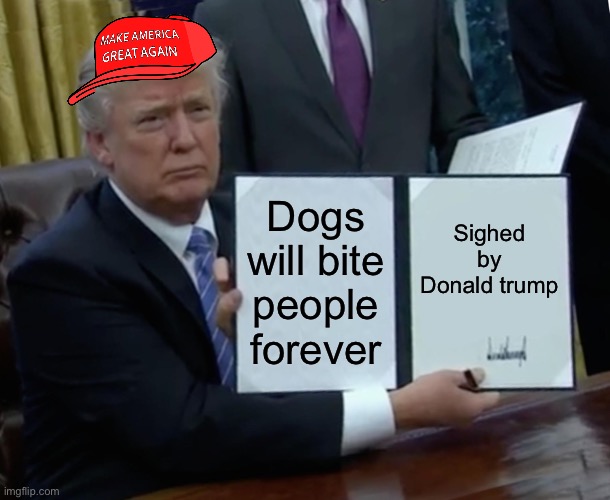 Dogs | Dogs will bite people forever; Sighed by Donald trump | image tagged in memes,trump bill signing | made w/ Imgflip meme maker