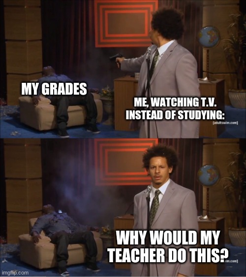 Me vs My Grades: | MY GRADES; ME, WATCHING T.V. INSTEAD OF STUDYING:; WHY WOULD MY TEACHER DO THIS? | image tagged in memes,who killed hannibal | made w/ Imgflip meme maker