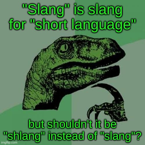 Words doe | "Slang" is slang for "short language"; but shouldn't it be "shlang" instead of "slang"? | image tagged in memes,philosoraptor,grammar,english,words,funny | made w/ Imgflip meme maker