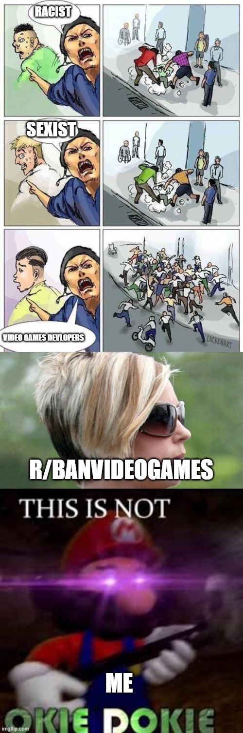 Let's Raid r/banvideogames | RACIST; SEXIST; VIDEO GAMES DEVLOPERS; R/BANVIDEOGAMES; ME | image tagged in thief murderer,karen,this is not okie dokie | made w/ Imgflip meme maker
