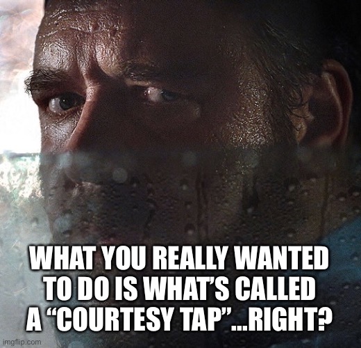 Courtesy Tap | WHAT YOU REALLY WANTED TO DO IS WHAT’S CALLED A “COURTESY TAP”...RIGHT? | image tagged in polite,manners,have a nice day | made w/ Imgflip meme maker