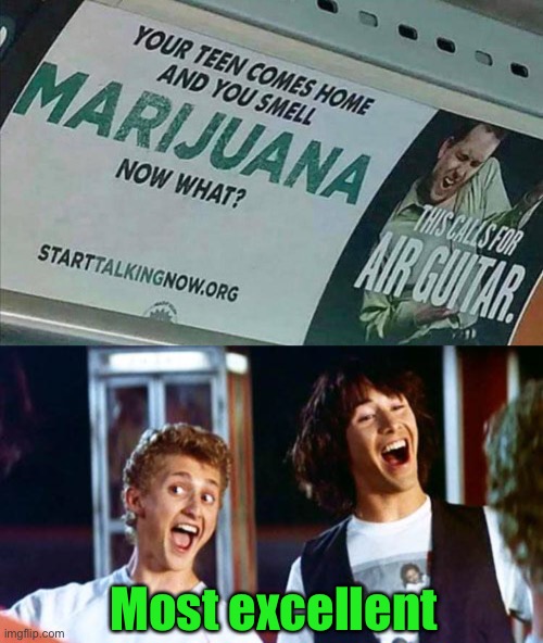 Party on | Most excellent | image tagged in bill and ted,marijuana,memes,funny | made w/ Imgflip meme maker