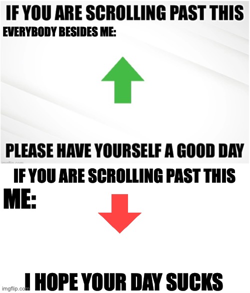 image FLIPPPPPP | EVERYBODY BESIDES ME:; IF YOU ARE SCROLLING PAST THIS; ME:; I HOPE YOUR DAY SUCKS | image tagged in funny memes | made w/ Imgflip meme maker