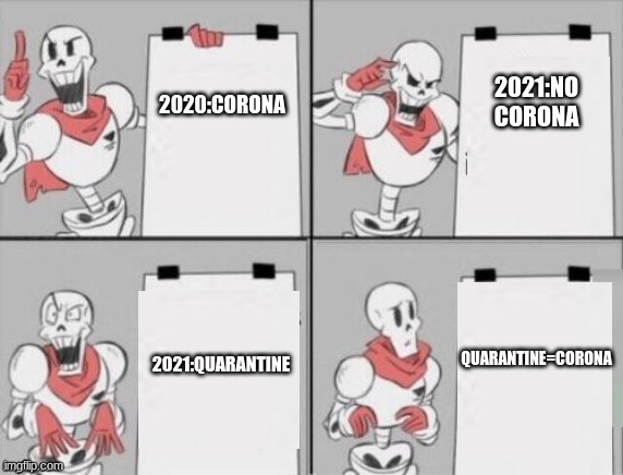 papy is cool but not corona | 2020:CORONA; 2021:NO CORONA; 2021:QUARANTINE; QUARANTINE=CORONA | image tagged in papyrus plan | made w/ Imgflip meme maker