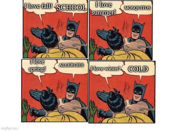 Just can’t enjoy life |  SCHOOL; I love summer! MOSQUITOS; I love fall! COLD; ALLERGIES; I love spring! I love winter! | image tagged in annoying,batman slapping robin,seasons,memes | made w/ Imgflip meme maker