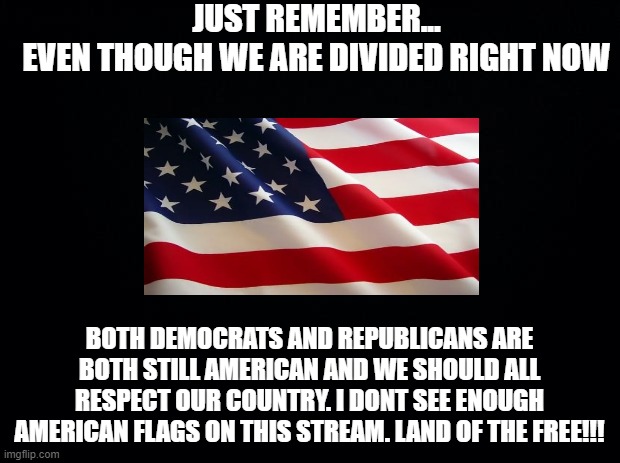 Pls unite |  JUST REMEMBER...
EVEN THOUGH WE ARE DIVIDED RIGHT NOW; BOTH DEMOCRATS AND REPUBLICANS ARE BOTH STILL AMERICAN AND WE SHOULD ALL RESPECT OUR COUNTRY. I DONT SEE ENOUGH AMERICAN FLAGS ON THIS STREAM. LAND OF THE FREE!!! | image tagged in black background | made w/ Imgflip meme maker