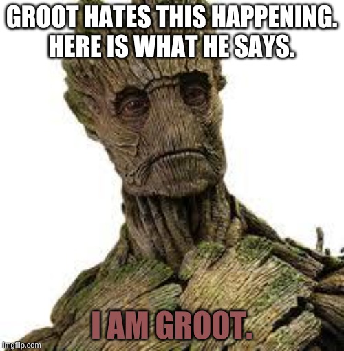 I am Groot | GROOT HATES THIS HAPPENING.
HERE IS WHAT HE SAYS. I AM GROOT. | image tagged in i am groot | made w/ Imgflip meme maker