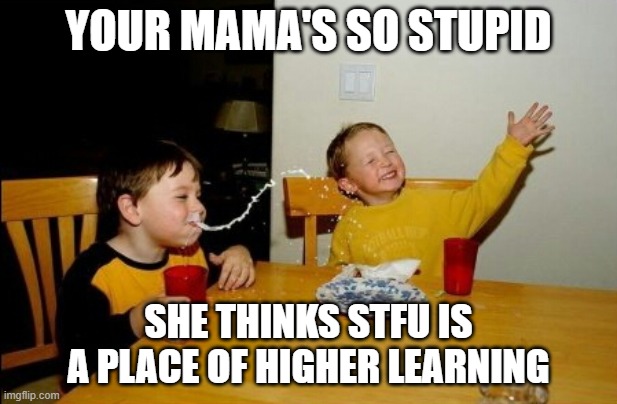 Your mama's so stupid | YOUR MAMA'S SO STUPID; SHE THINKS STFU IS A PLACE OF HIGHER LEARNING | image tagged in memes,yo mamas so fat,stfu | made w/ Imgflip meme maker