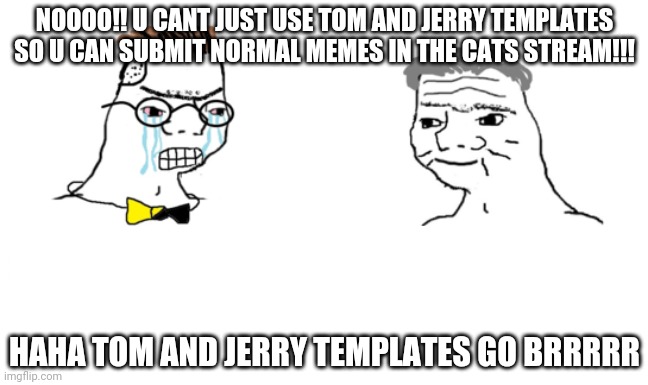 It worked for me lol | NOOOO!! U CANT JUST USE TOM AND JERRY TEMPLATES SO U CAN SUBMIT NORMAL MEMES IN THE CATS STREAM!!! HAHA TOM AND JERRY TEMPLATES GO BRRRRR | image tagged in no you can't just | made w/ Imgflip meme maker