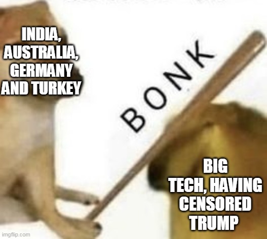Bonk | INDIA, AUSTRALIA, GERMANY AND TURKEY; BIG TECH, HAVING CENSORED TRUMP | image tagged in bonk | made w/ Imgflip meme maker